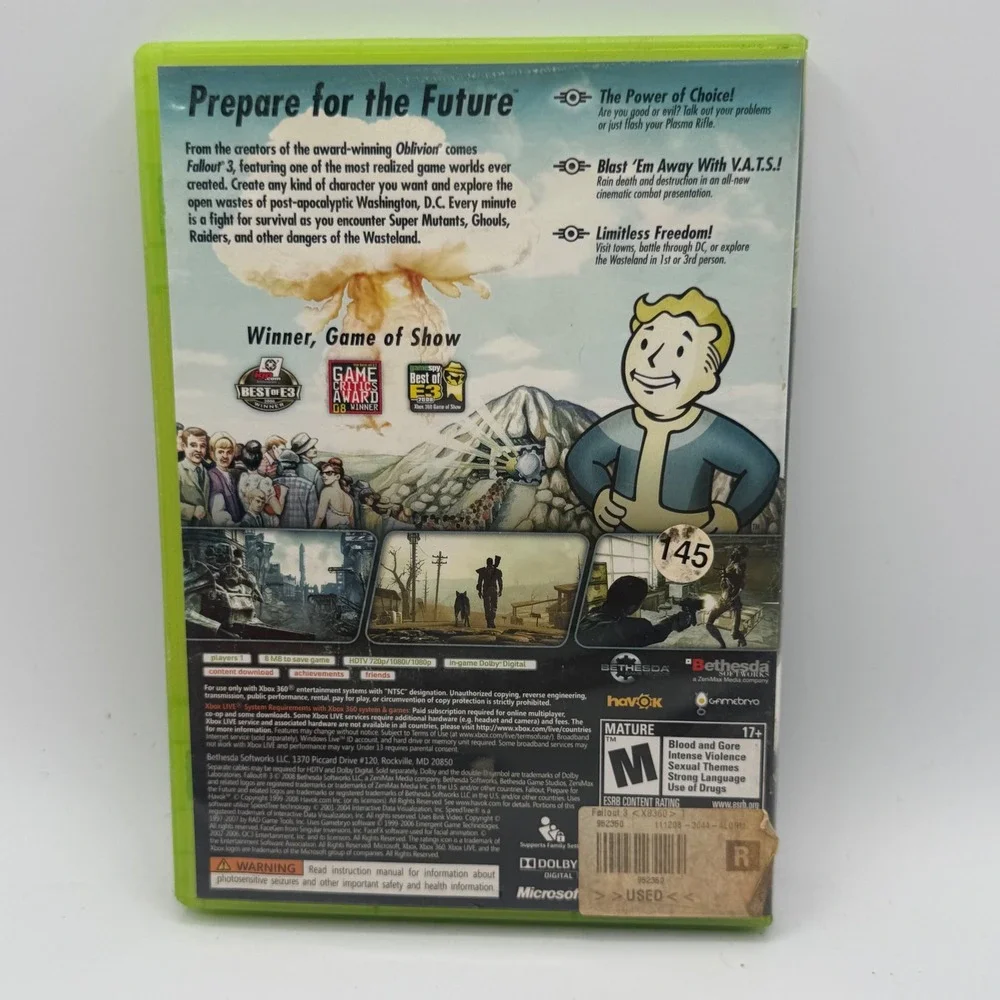 Bethesda Fallout 3 Video Game Xbox 360 One Size Green Excellent RPG Manual
